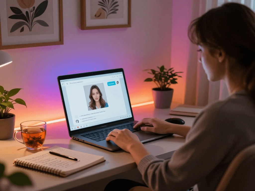 Engaging in AI porn chat from a cozy home office with ambient lighting and a laptop.