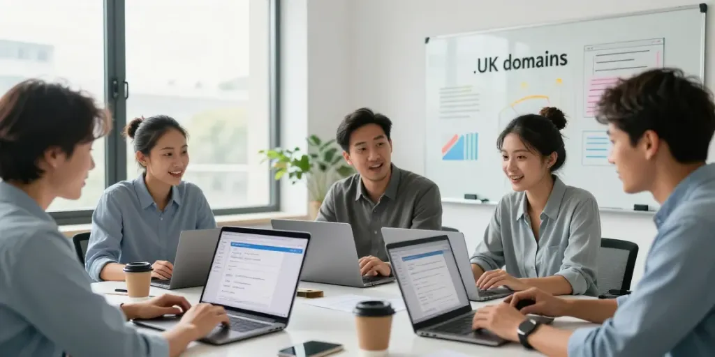 Team collaboration on buying .uk domain in a modern office.