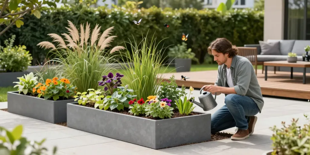Expert gardener cultivating colorful plants on their website in a vibrant garden.