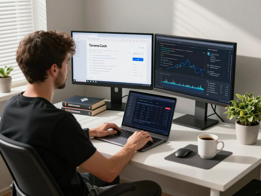 Developer analyzing Tornado Cash privacy protocol in modern workspace, showcasing advanced crypto technology.