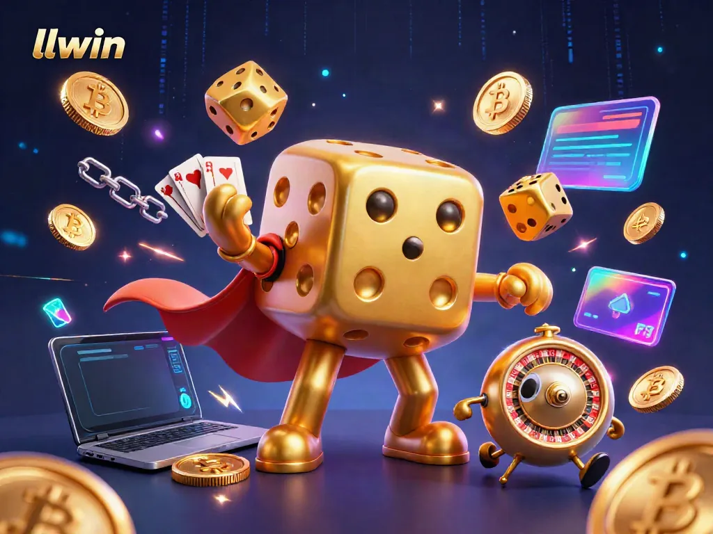 Experience excitement at LLWIN with a colorful golden dice golem and cryptocurrency elements in a vibrant casino setting.