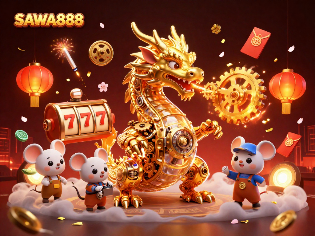 Join the excitement with SAWA888 as golden dragons and slot reels spin in a vibrant casino world.