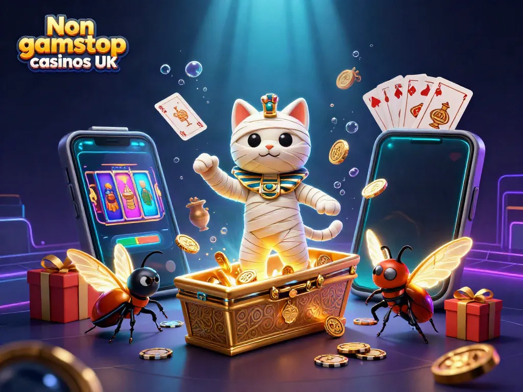 Play exciting games at Non gamstop casinos UK among Egyptian-themed characters and casino elements.
