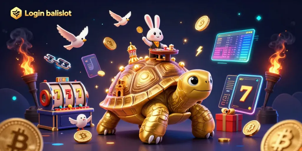Access gaming excitement with Login balislot featuring a golden tortoise casino scene surrounded by vibrant elements.