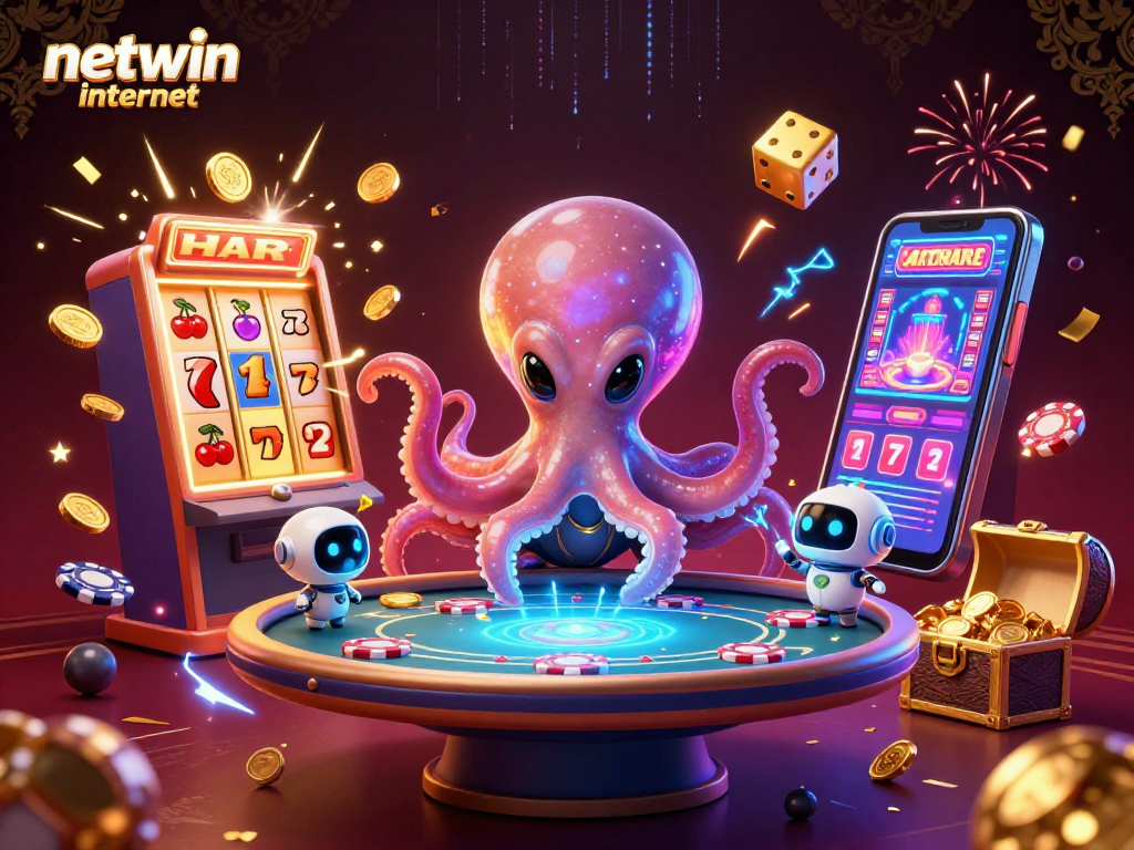 Experience the excitement of netwin internet with a stellar octopus running a poker table amid cosmic casino chaos.