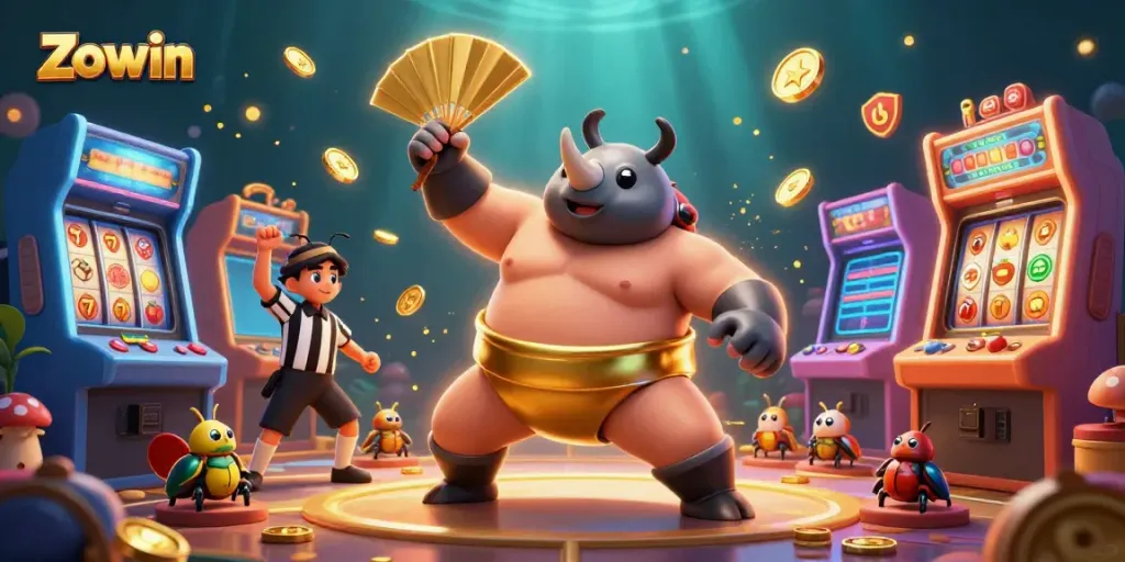 Zowin slot machine scene featuring a beetle sumo champion, referee cricket, and vibrant arcade elements