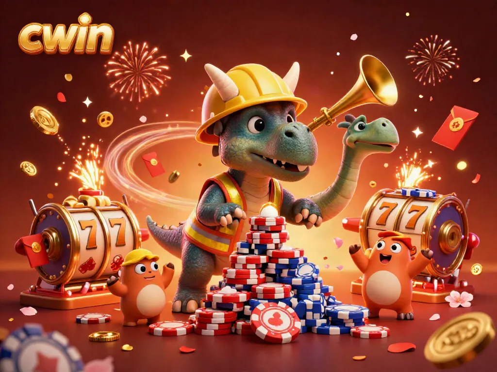 Experience the thrill of CWIN with vibrant symbols, including festive poker chips and lively creatures celebrating online gaming.