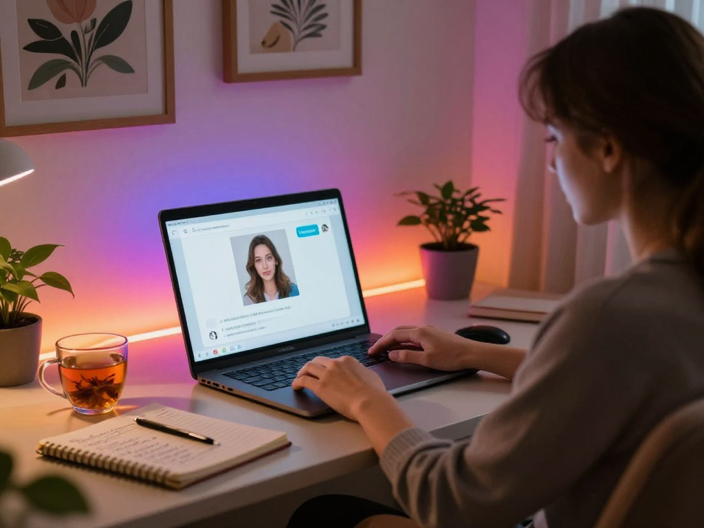 Engaging in AI porn chat from a cozy home office with ambient lighting and a laptop.