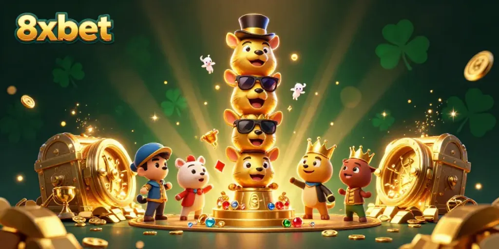 Engage with 8xbet's vibrant casino scene featuring a golden totem pole and treasures.