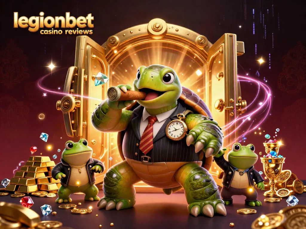 Experience the thrill of legionbet casino reviews with a vibrant 3D illustration featuring a snapping turtle and bullfrog enforcers in a bustling casino.