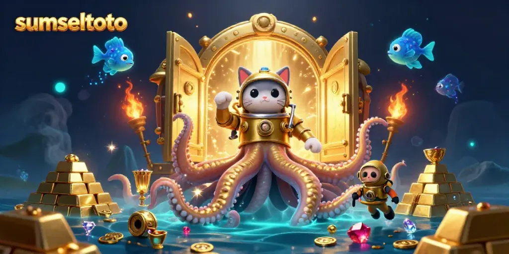 Experience the treasure trove of sumseltoto with a colossal kraken, diving cat, and shimmering gems.