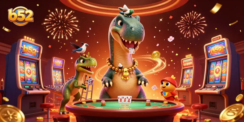 Engage in thrilling b52 casino gameplay with a whimsical brontosaurus and a clever raptor dealer at a vibrant poker table.
