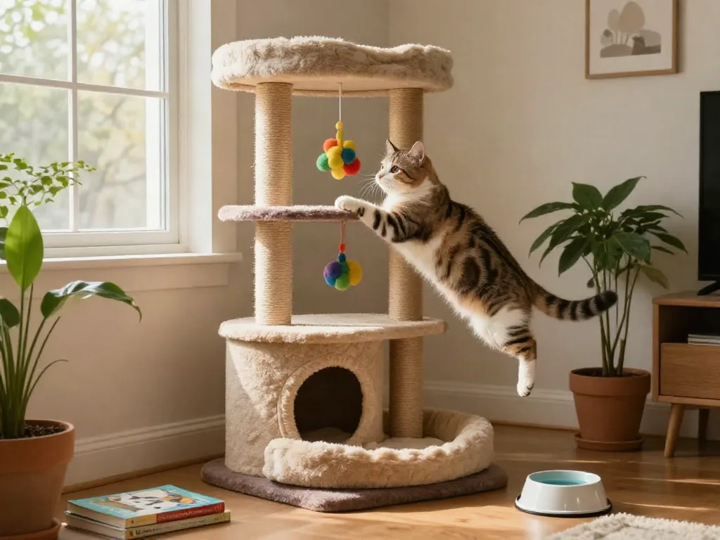 Curious cat climbing on a stylish cat cat tree in a sunny living room.