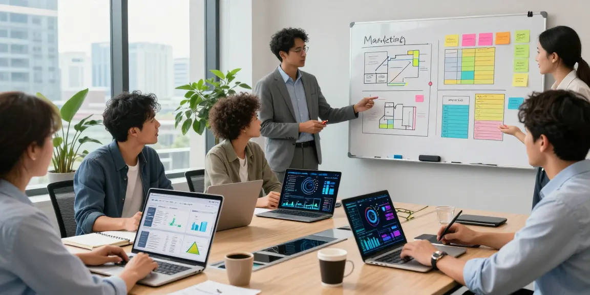 Collaborative team brainstorming on AI marketing tools in a modern office setting