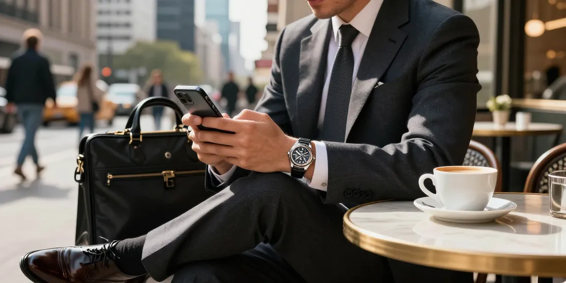 Man wearing clone watches at a café table, showcasing luxury and style.