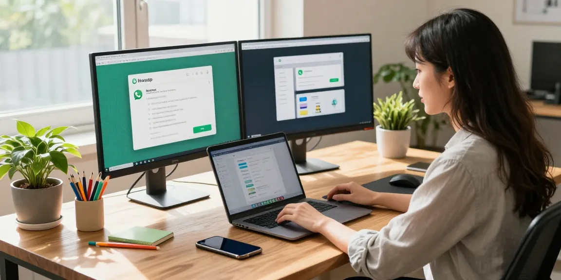 Scene of a woman engaging in WhatsApp下載 on her laptop in a bright, modern workspace.