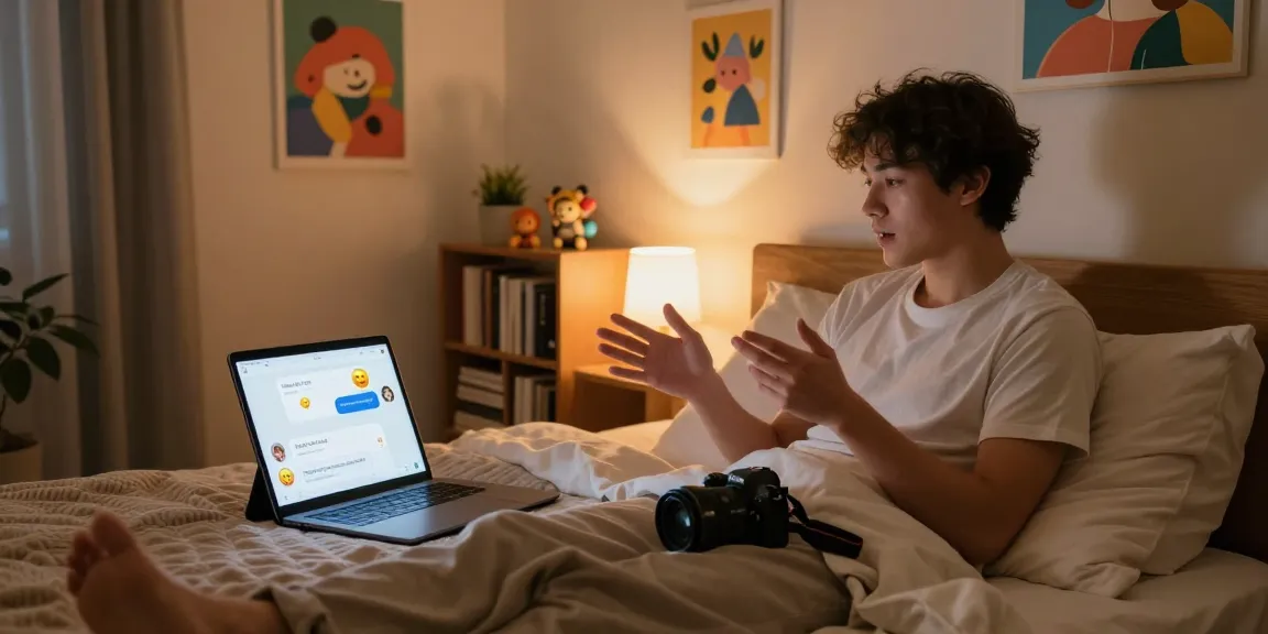 Engaging in NSFW AI chat in a cozy bedroom with ambient lighting, showcasing digital interaction.