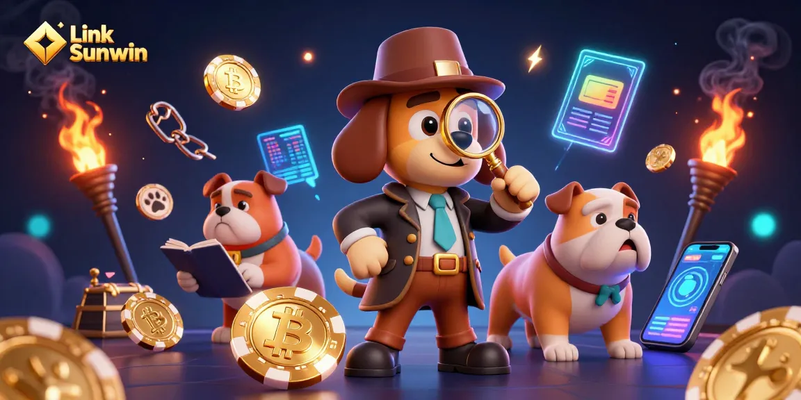 Engaging scene showcasing Link Sunwin, with 3D characters exploring a golden poker chip, embodying online gambling excitement.
