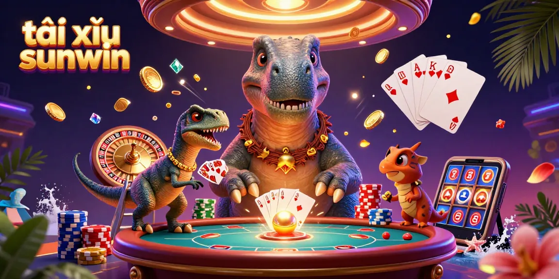 Play tài xỉu sunwin with a giant animated dinosaur and vibrant casino elements in an engaging 3D scene.