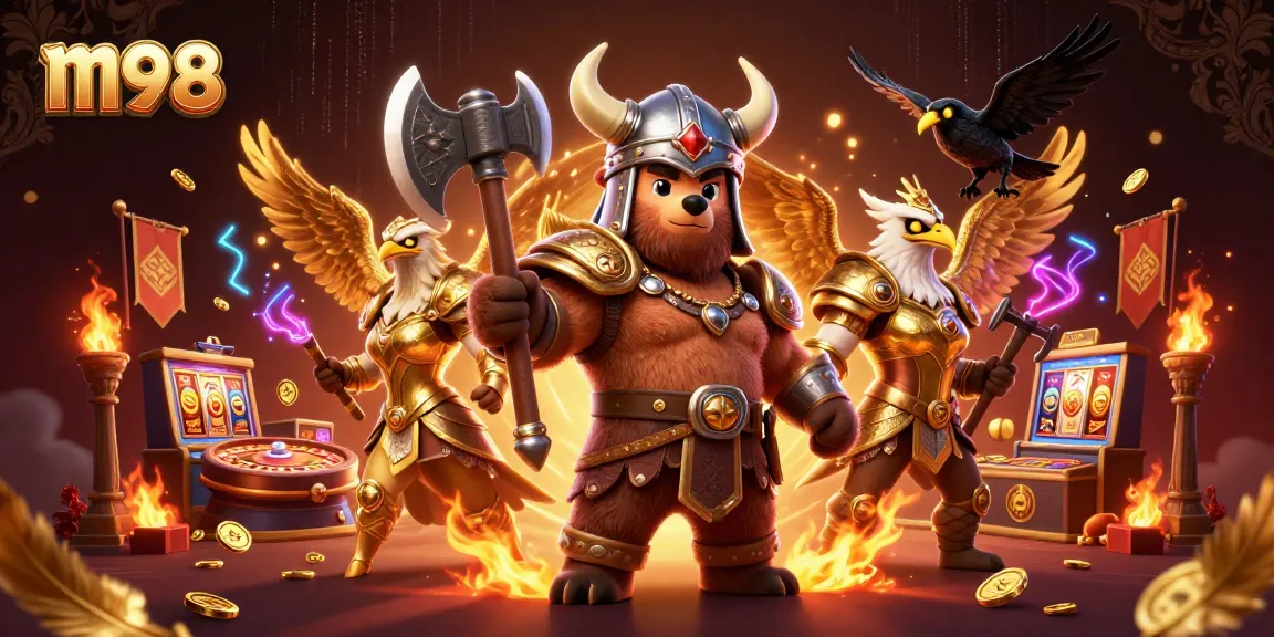 Experience m98’s thrilling gaming with a 3D Viking bear and Valkyrie amidst casino elements.
