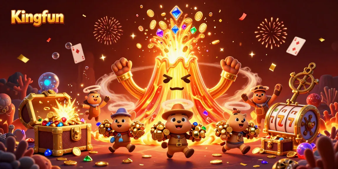 Play and win big at Kingfun with a triumphant golden volcano and treasure in this vibrant casino scene.